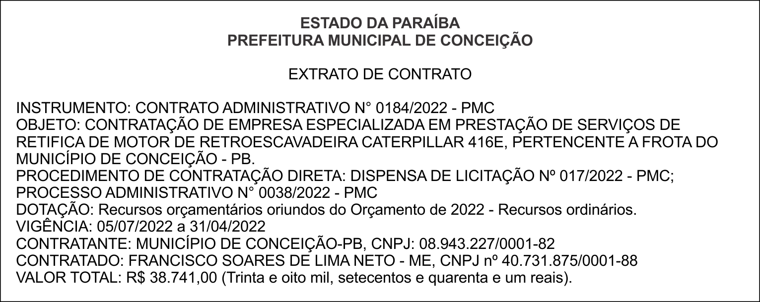 PREFEITURA MUNICIPAL DE CONCEIÇÃO  – EXTRATO DE CONTRATO
