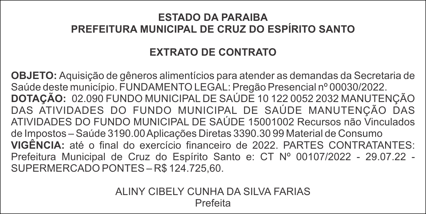 PREFEITURA MUNICIPAL DE CRUZ DO ESPÍRITO SANTO  – EXTRATO DE CONTRATO