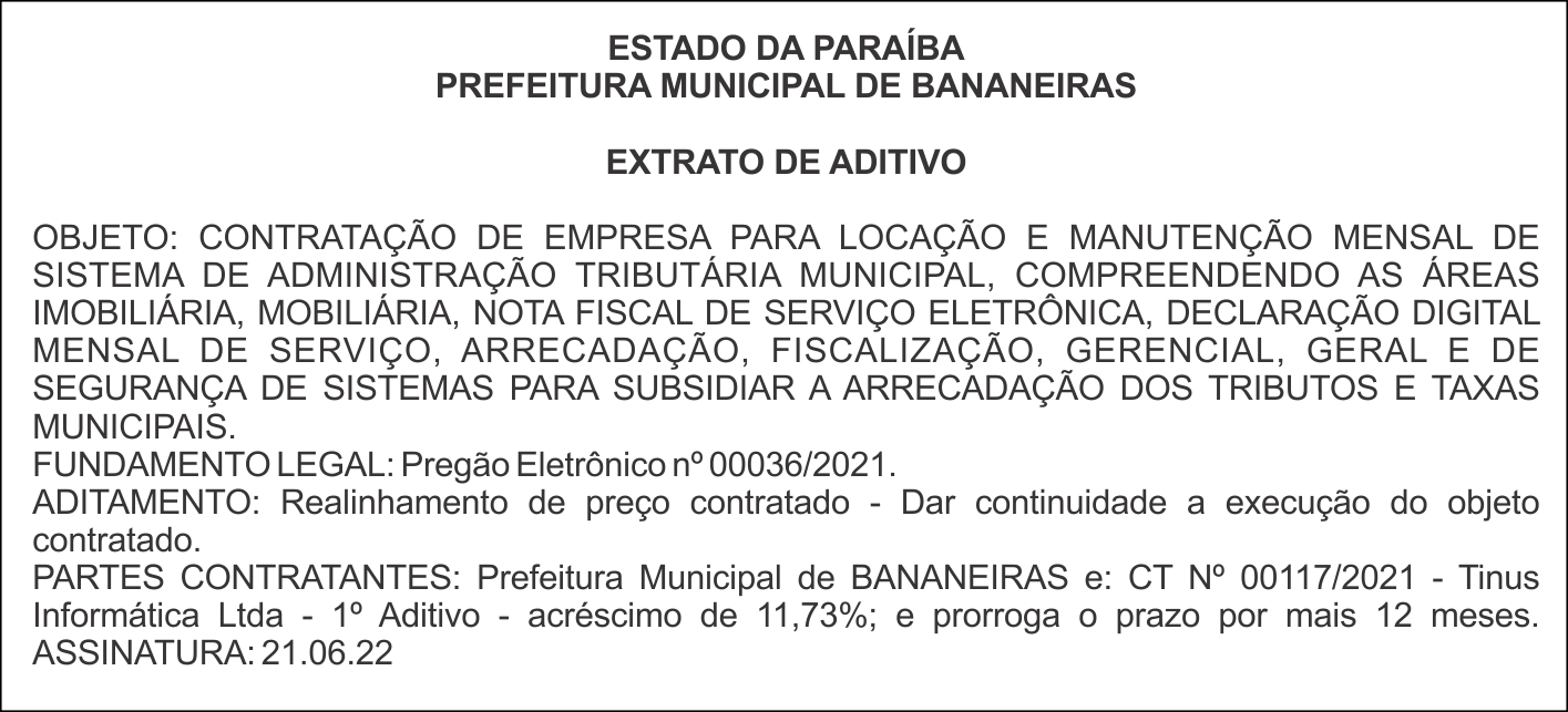 PREFEITURA MUNICIPAL DE BANANEIRAS – EXTRATO DE ADITIVO