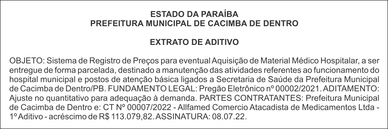PREFEITURA MUNICIPAL DE CACIMBA DE DENTRO – EXTRATO DE ADITIVO