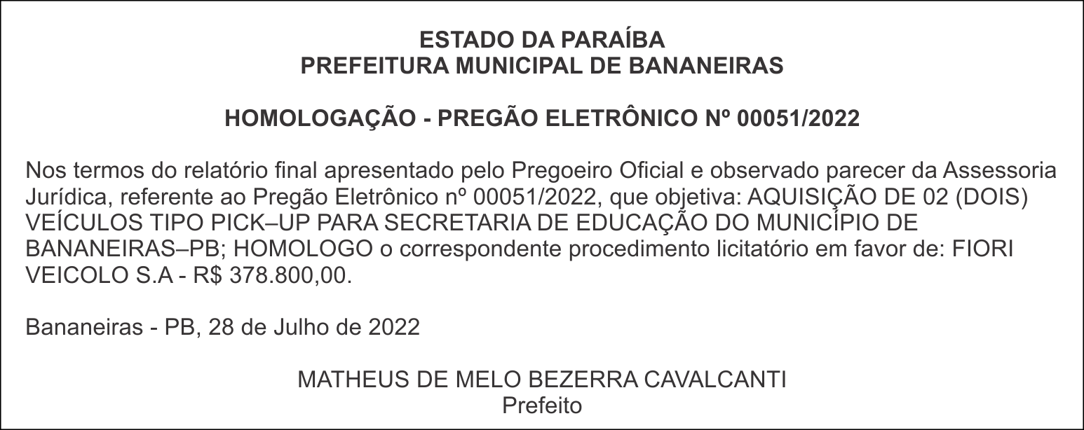 PREFEITURA MUNICIPAL DE BANANEIRAS – HOMOLOGAÇÃO – PREGÃO ELETRÔNICO Nº 00051/2022