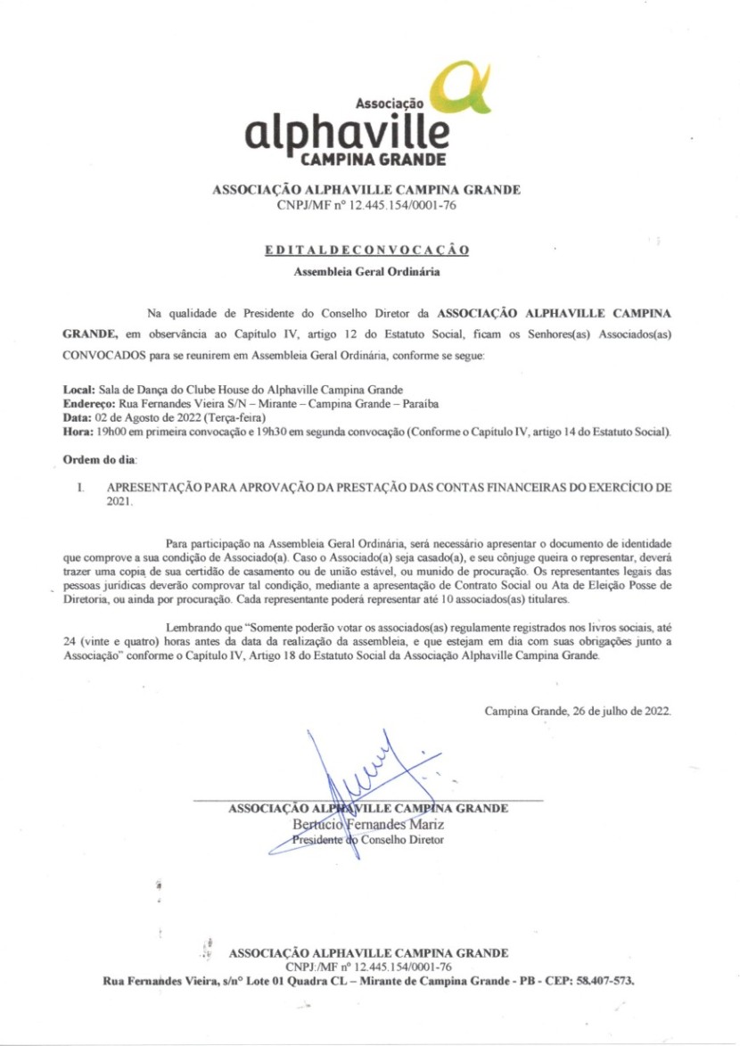 ASSOCIAÇÃO ALPHAVILLE CAMPINA GRANDE – EDITAL DE CONVOCAÇÃO