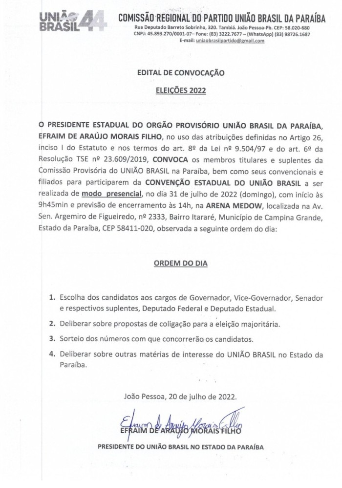 União Brasil da Paraíba – Edital de Convocação