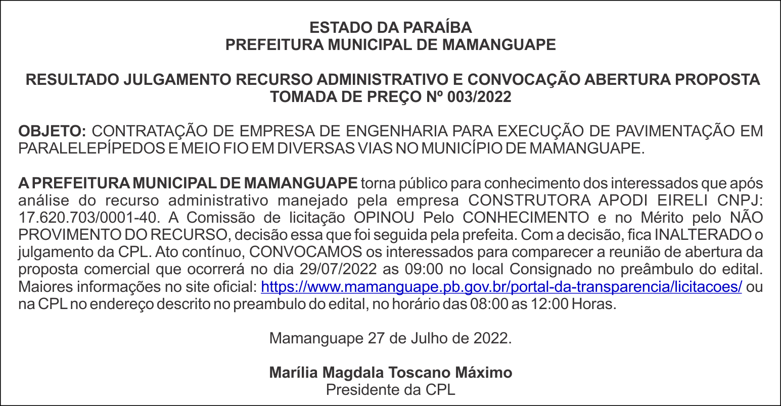 PREFEITURA MUNICIPAL DE MAMANGUAPE  – ABERTURA PROPOSTA – TOMADA DE PREÇO Nº 003/2022
