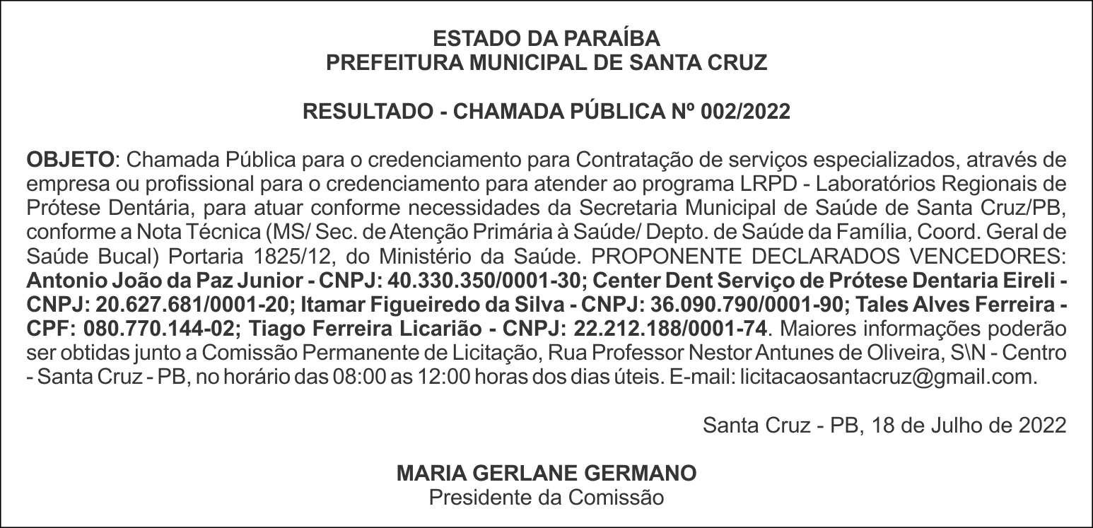PREFEITURA MUNICIPAL DE SANTA CRUZ – RESULTADO – CHAMADA PÚBLICA Nº 002/2022
