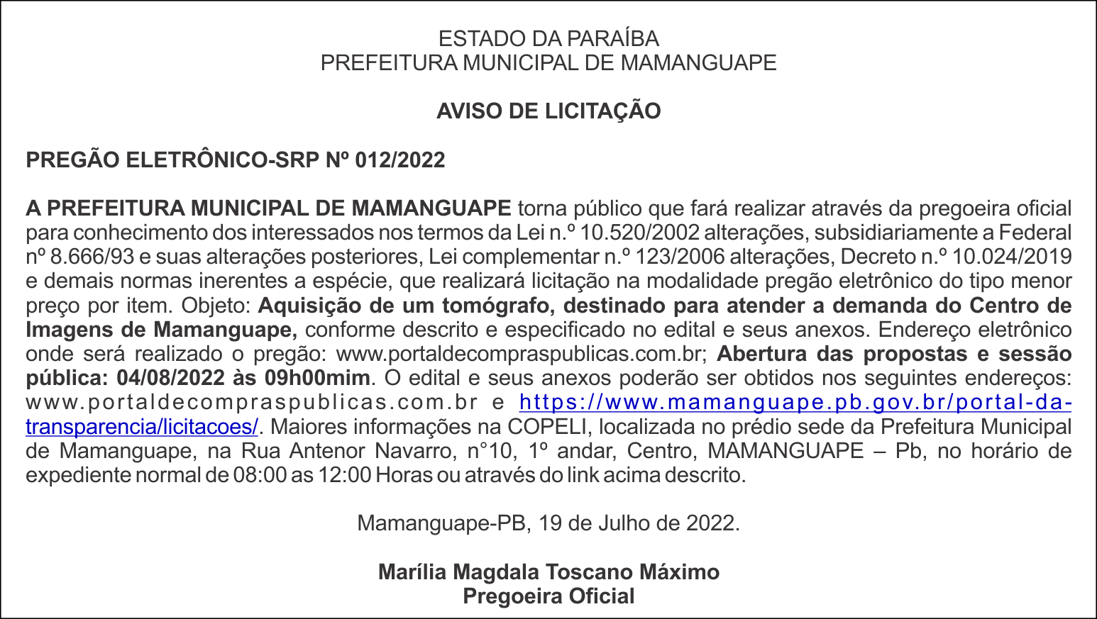 PREFEITURA MUNICIPAL DE MAMANGUAPE – AVISO DE LICITAÇÃO – PREGÃO ELETRÔNICO-SRP Nº 012/2022