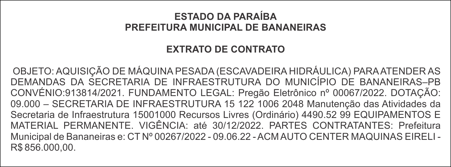 PREFEITURA MUNICIPAL DE BANANEIRAS – EXTRATO DE CONTRATO