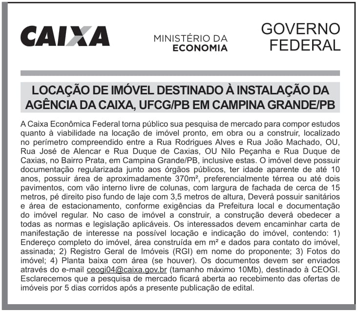 CAIXA ECONÔMICA FEDERAL – DF – BRASILIA – LOCAÇÃO DE IMÓVEL DESTINADO À INSTALAÇÃO DA AGÊNCIA DA CAIXA, UFCG/PB EM CAMPINA GRANDE/PB