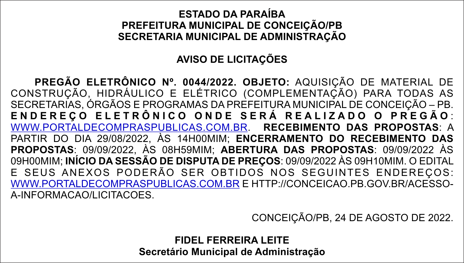 PREFEITURA MUNICIPAL DE CONCEIÇÃO/PB – AVISO DE LICITAÇÕES – PREGÃO ELETRÔNICO N°. 0044/2022.