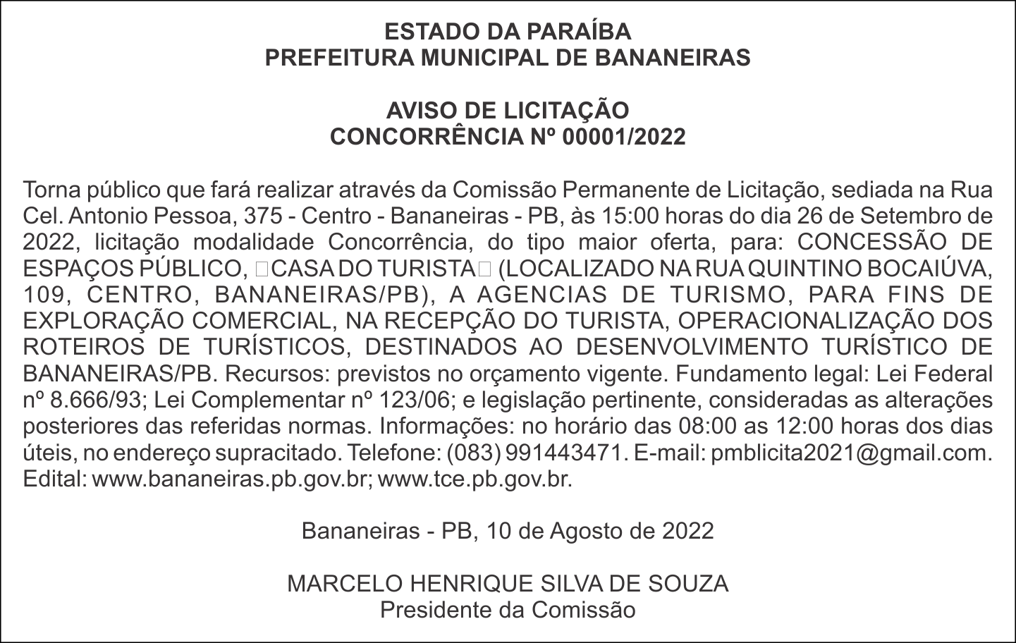 PREFEITURA MUNICIPAL DE BANANEIRAS – AVISO DE LICITAÇÃO – CONCORRÊNCIA Nº 00001/2022