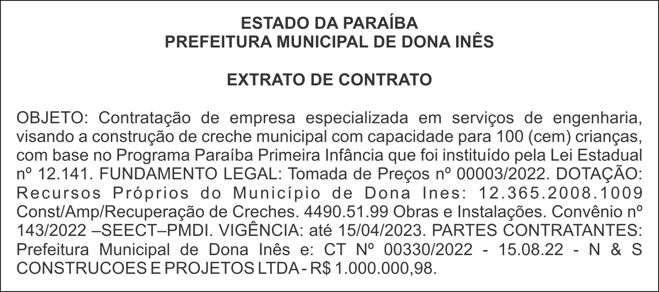 PREFEITURA MUNICIPAL DE DONA INÊS – EXTRATO DE CONTRATO