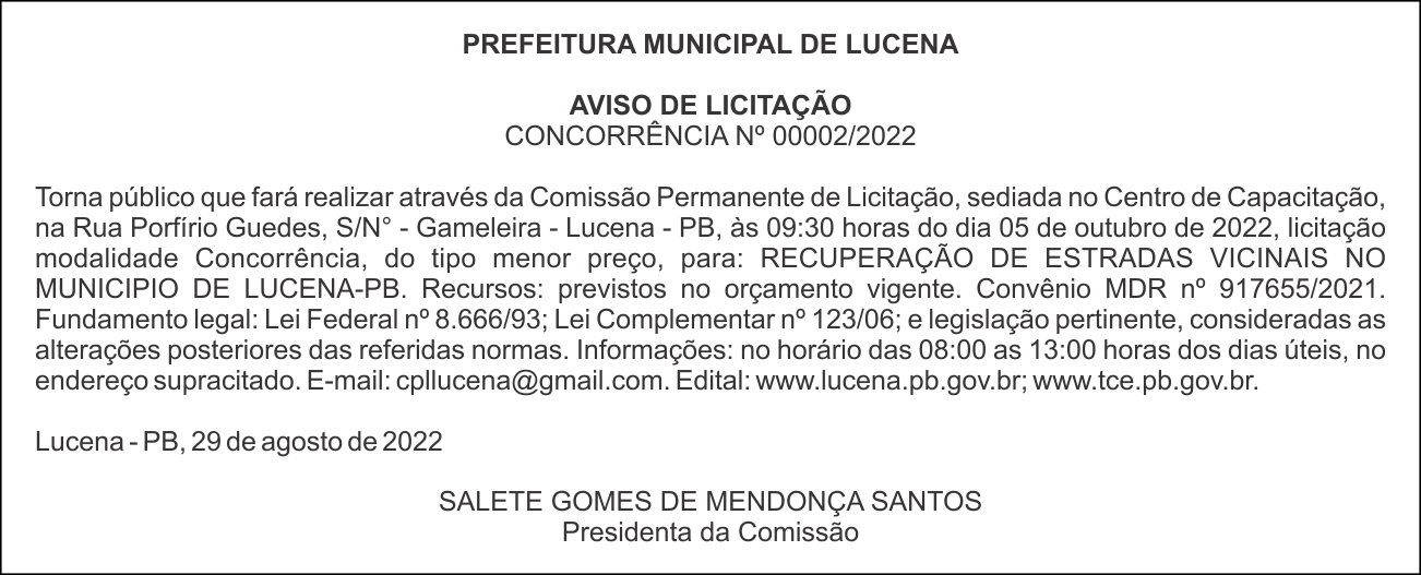 PREFEITURA MUNICIPAL DE LUCENA – AVISO DE LICITAÇÃO – CONCORRÊNCIA Nº 00002/2022
