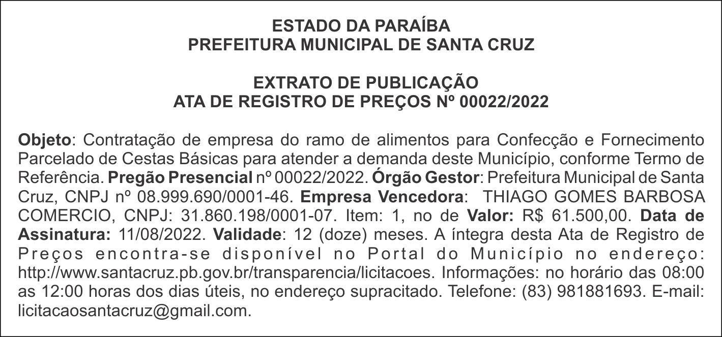 PREFEITURA MUNICIPAL DE SANTA CRUZ –  EXTRATO DE PUBLICAÇÃO – ATA DE REGISTRO DE PREÇOS Nº 00022/2022