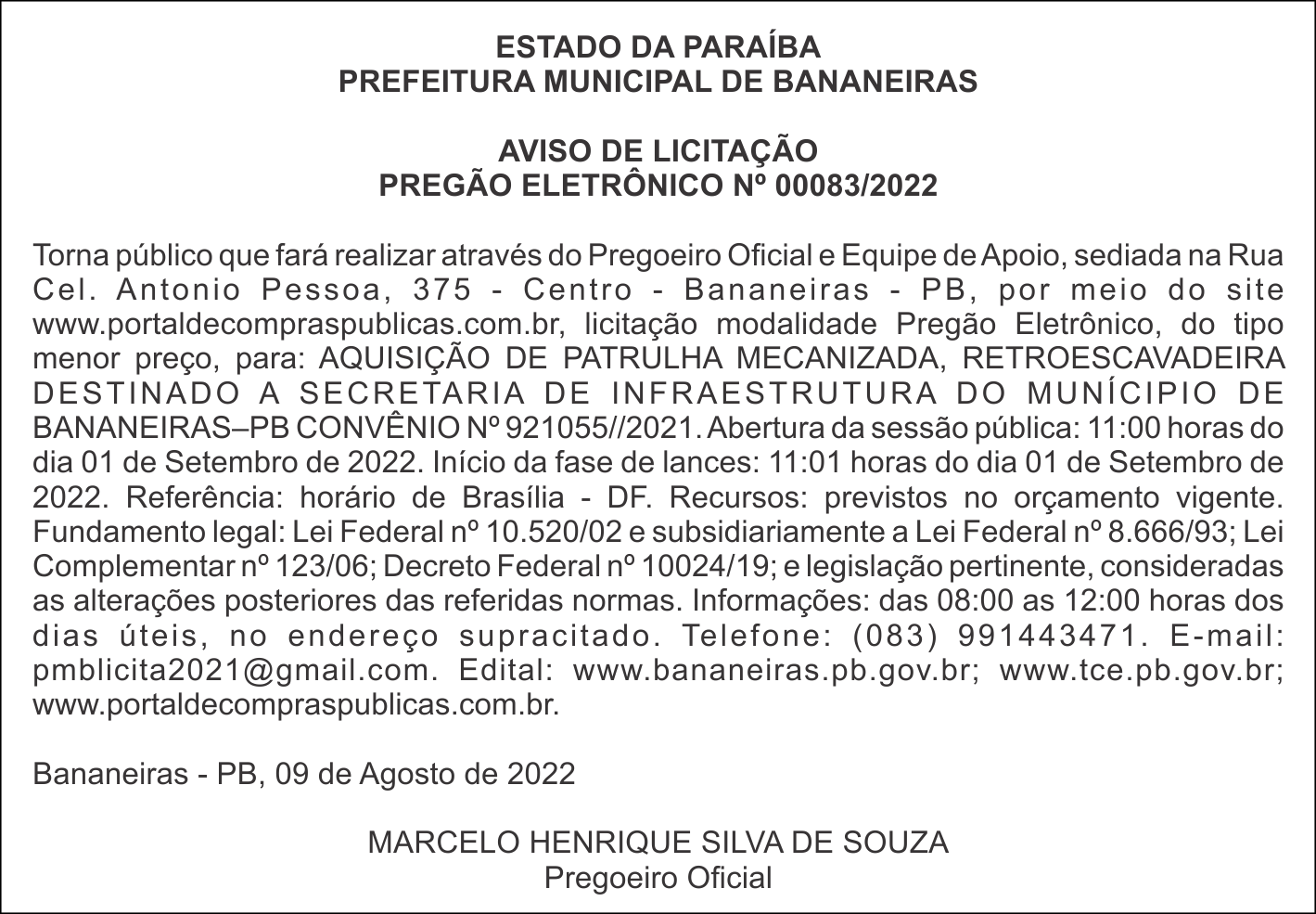 PREFEITURA MUNICIPAL DE BANANEIRAS – AVISO DE LICITAÇÃO – PREGÃO ELETRÔNICO Nº 00083/2022