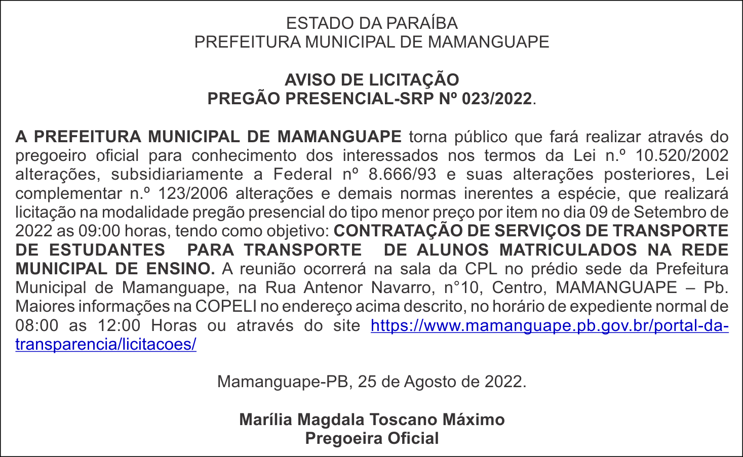 PREFEITURA MUNICIPAL DE MAMANGUAPE – AVISO DE LICITAÇÃO – PREGÃO PRESENCIAL-SRP Nº 023/2022.
