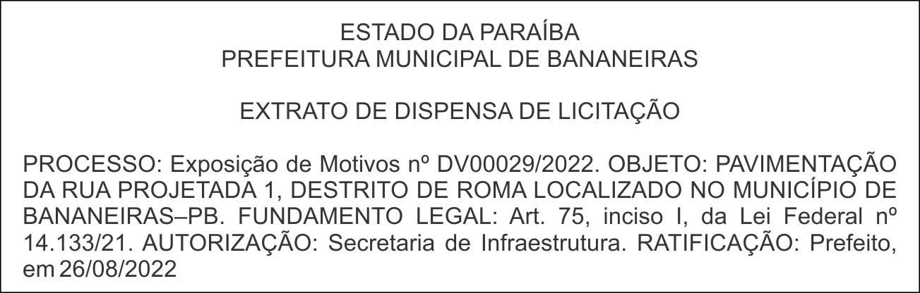 PREFEITURA MUNICIPAL DE BANANEIRAS – EXTRATO DE DISPENSA DE LICITAÇÃO