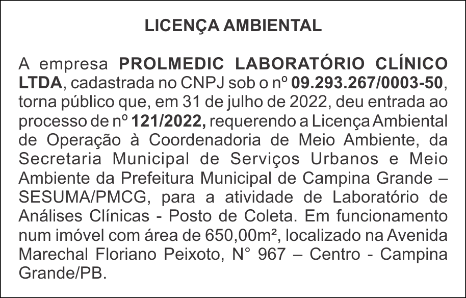 PROLMEDIC LABORATÓRIO CLÍNICO LTDA – LICENÇA AMBIENTAL