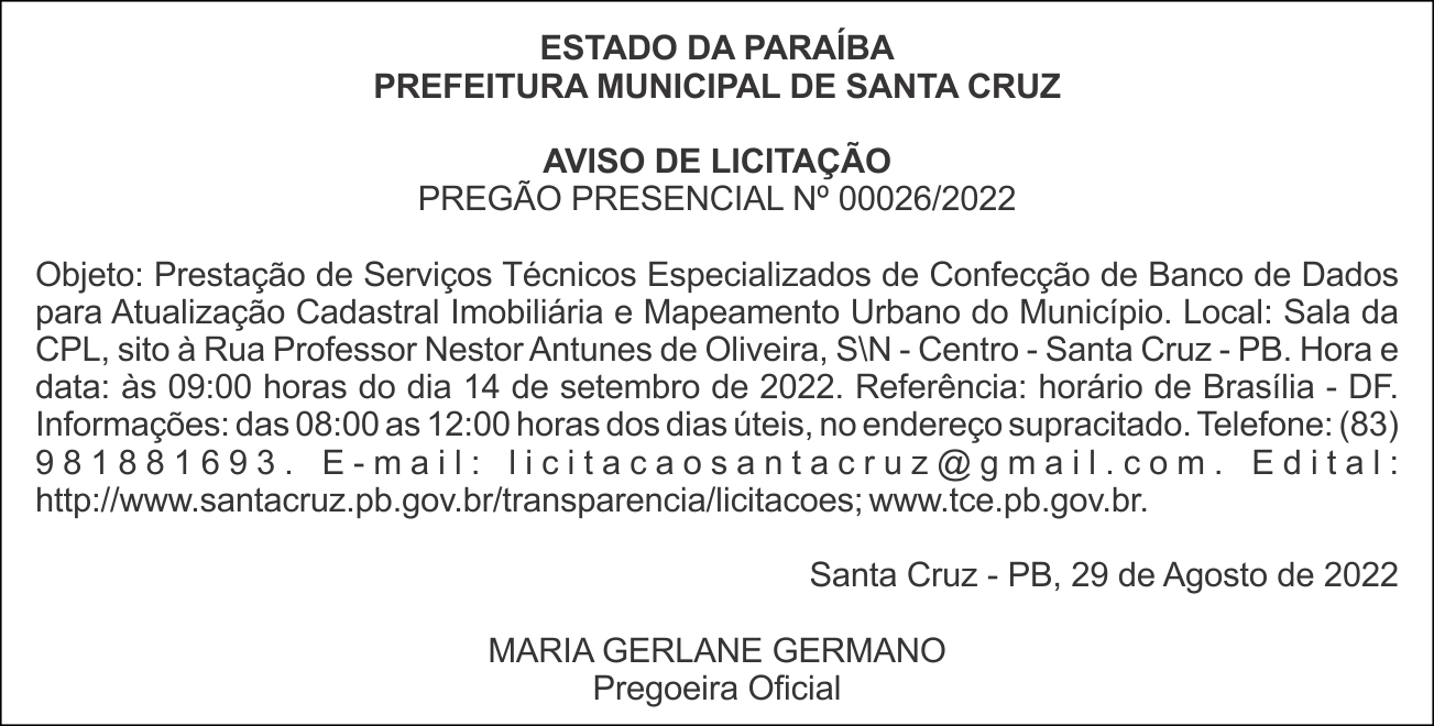 PREFEITURA MUNICIPAL DE SANTA CRUZ  – AVISO DE LICITAÇÃO – PREGÃO PRESENCIAL Nº 00026/2022