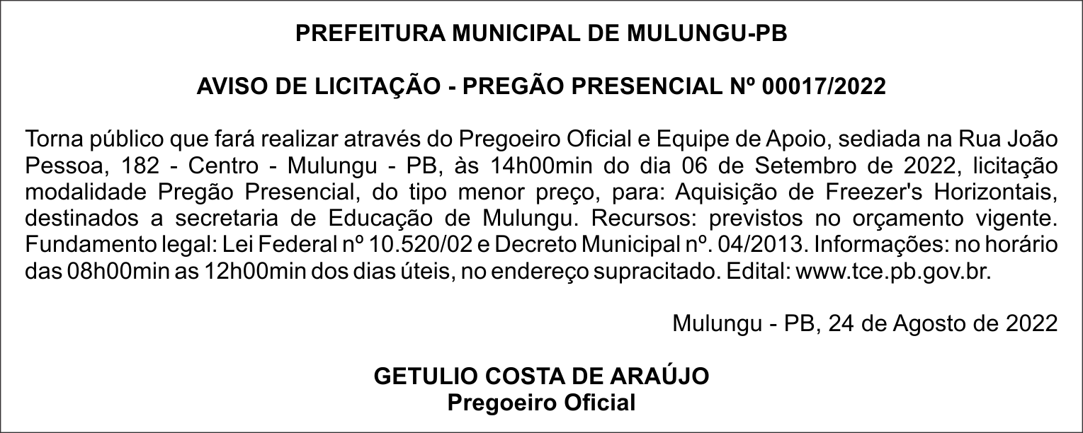 PREFEITURA MUNICIPAL DE MULUNGU-PB – AVISO DE LICITAÇÃO – PREGÃO PRESENCIAL Nº 00017/2022