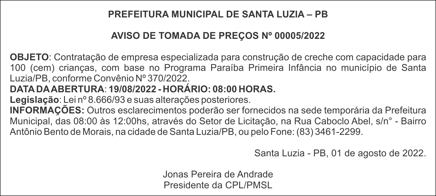 PREFEITURA MUNICIPAL DE SANTA LUZIA – PB – AVISO DE TOMADA DE PREÇOS Nº 00005/2022