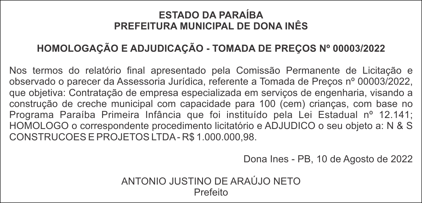 PREFEITURA MUNICIPAL DE DONA INÊS – HOMOLOGAÇÃO E ADJUDICAÇÃO – TOMADA DE PREÇOS Nº 00003/2022