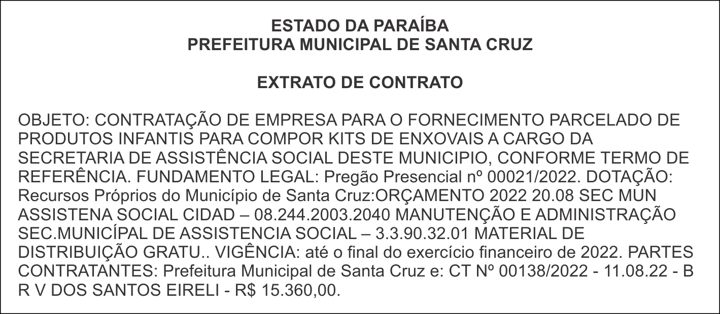PREFEITURA MUNICIPAL DE SANTA CRUZ – EXTRATO DE CONTRATO