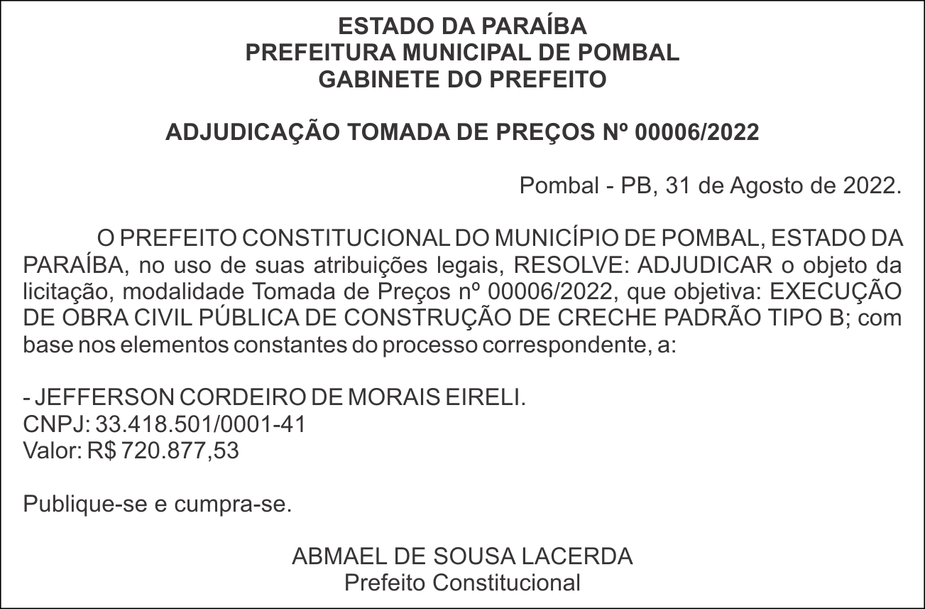 PREFEITURA MUNICIPAL DE POMBAL – ADJUDICAÇÃO  – TOMADA DE PREÇOS Nº 00006/2022