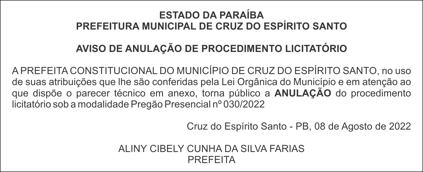 PREFEITURA MUNICIPAL DE CRUZ DO ESPÍRITO SANTO – AVISO DE ANULAÇÃO DE PROCEDIMENTO LICITATÓRIO