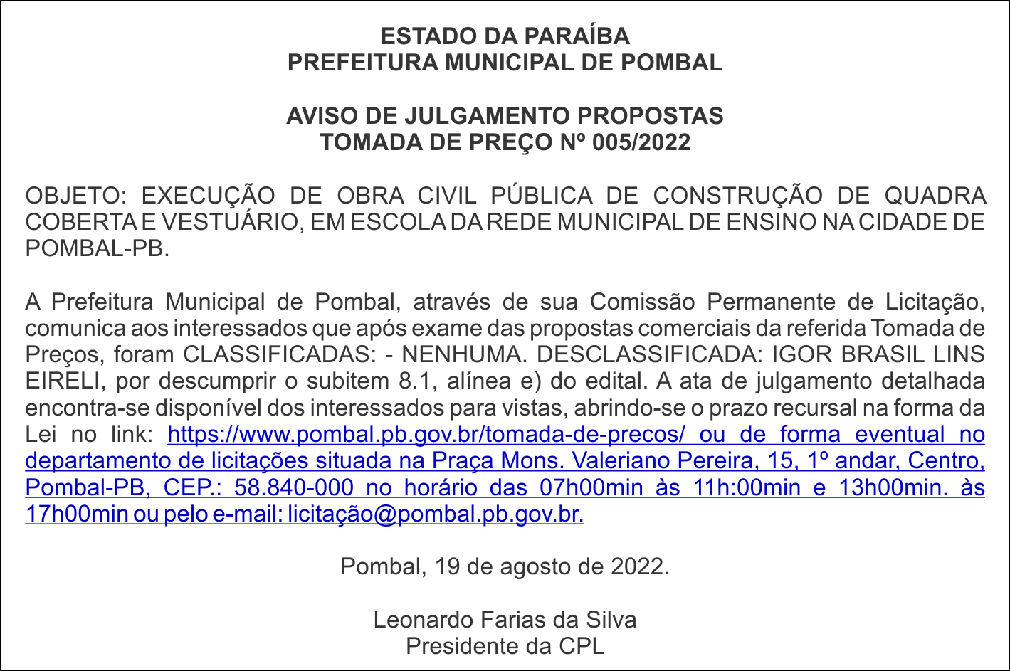 PREFEITURA MUNICIPAL DE POMBAL – AVISO DE JULGAMENTO PROPOSTAS – TOMADA DE PREÇO Nº 005/2022