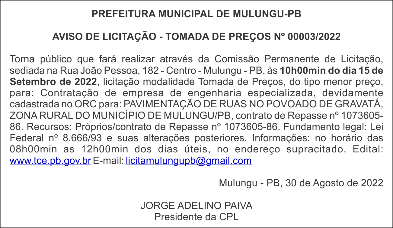 PREFEITURA MUNICIPAL DE MULUNGU-PB  –  AVISO DE LICITAÇÃO – TOMADA DE PREÇOS Nº 00003/2022