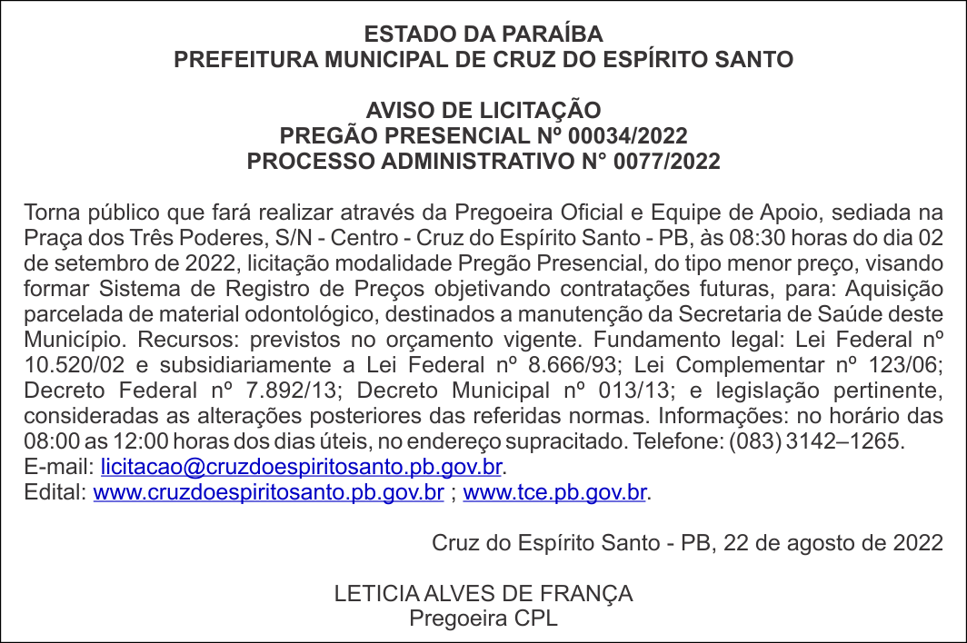 PREFEITURA MUNICIPAL DE CRUZ DO ESPÍRITO SANTO – AVISO DE LICITAÇÃO PREGÃO PRESENCIAL Nº 00034/2022