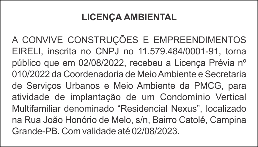 CONVIVE CONSTRUÇÕES E EMPREENDIMENTOS EIRELI – LICENÇA AMBIENTAL