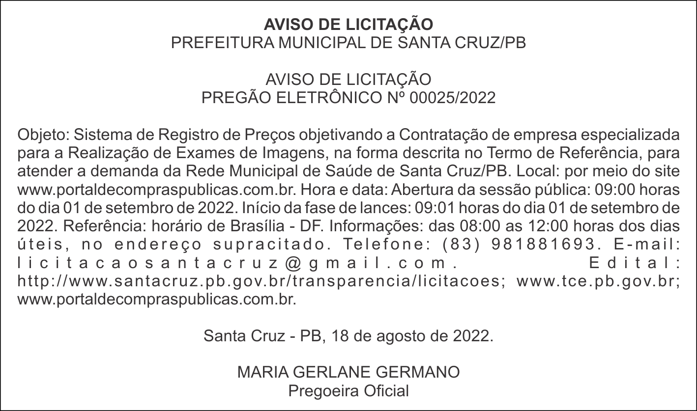 PREFEITURA MUNICIPAL DE SANTA CRUZ/PB – AVISO DE LICITAÇÃO – PREGÃO ELETRÔNICO Nº 00025/2022