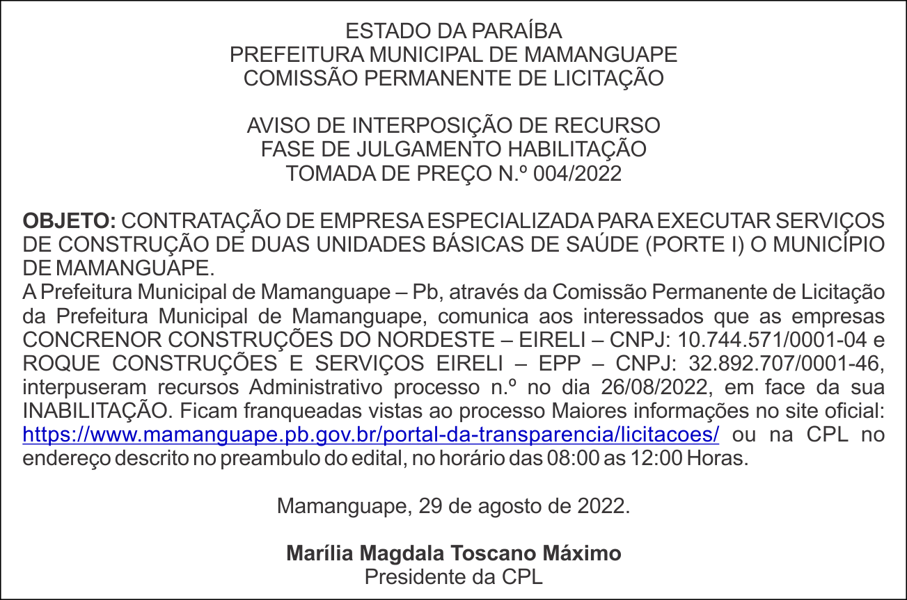 PREFEITURA MUNICIPAL DE MAMANGUAPE – AVISO DE INTERPOSIÇÃO DE RECURSO -TOMADA DE PREÇO N.º 004/2022