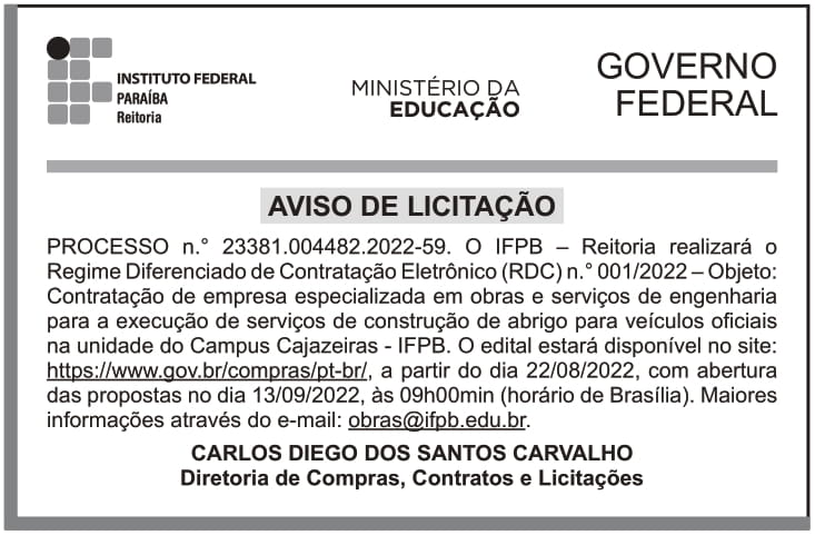 IFPB – PB – JOÃO PESSOA – REITORIA – EDITAL – RDC ELETRÔNICO n.o 001/2022 – Campus Cajazeiras