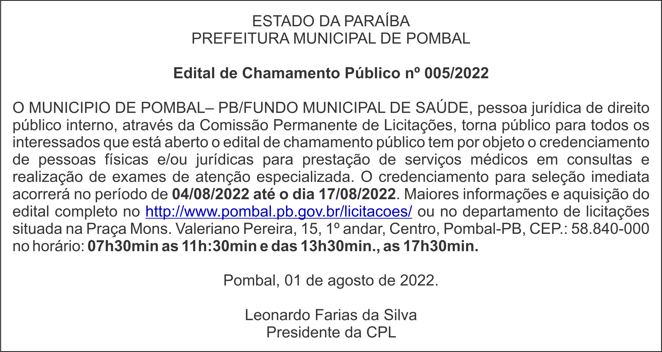 Prefeitura Municipal de Pombal – Edital de Chamamento Público nº 005/2022