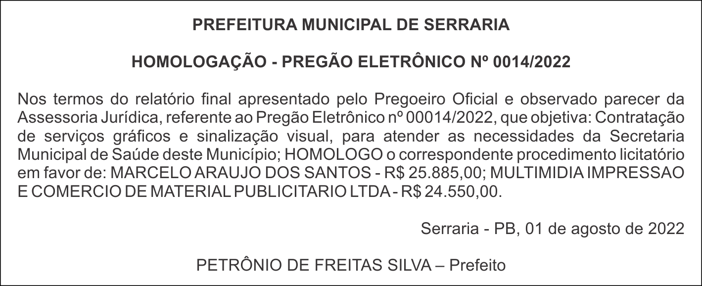 PREFEITURA MUNICIPAL DE SERRARIA – HOMOLOGAÇÃO – PREGÃO ELETRÔNICO Nº 0014/2022