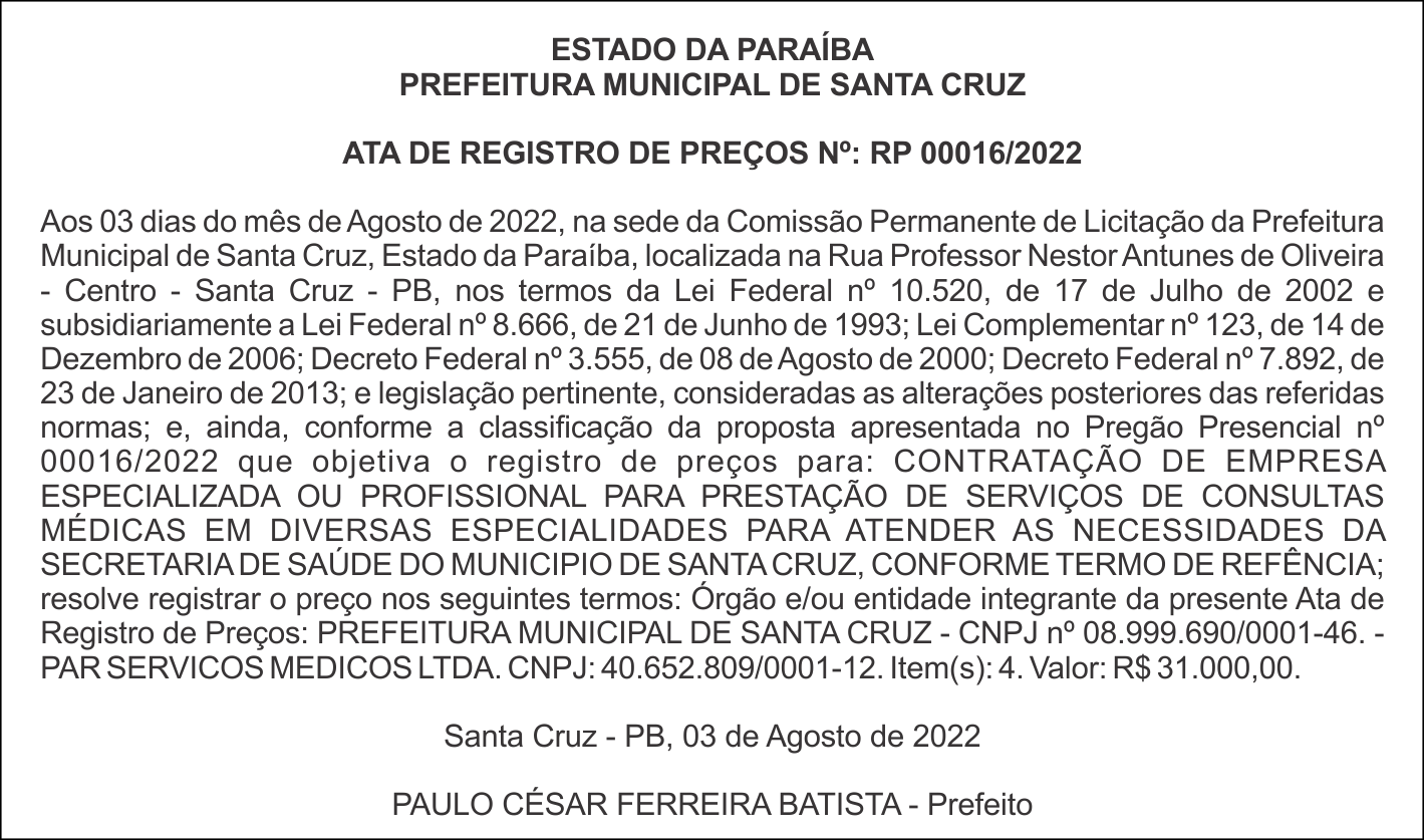 PREFEITURA MUNICIPAL DE SANTA CRUZ  – ATA DE REGISTRO DE PREÇOS Nº: RP 00016/2022
