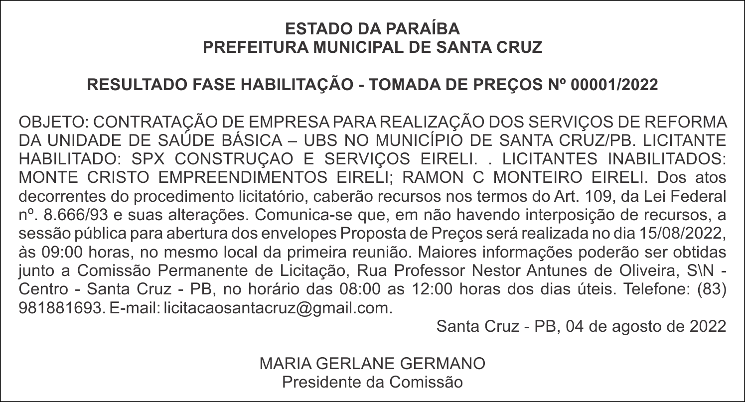 PREFEITURA MUNICIPAL DE SANTA CRUZ – RESULTADO FASE HABILITAÇÃO – TOMADA DE PREÇOS Nº 00001/2022