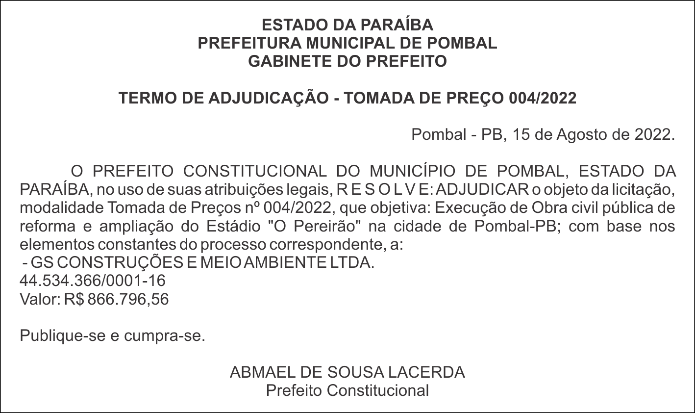 PREFEITURA MUNICIPAL DE POMBAL – TERMO DE ADJUDICAÇÃO – TOMADA DE PREÇO 004/2022