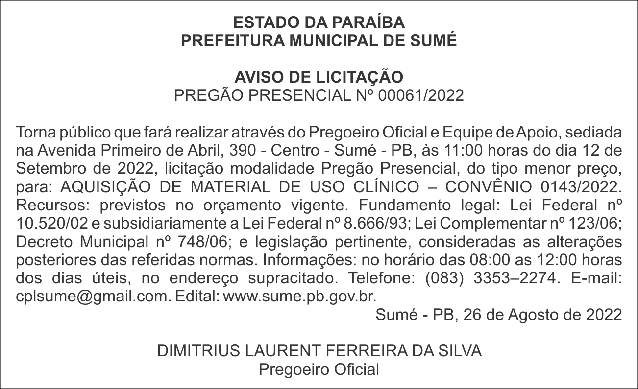PREFEITURA MUNICIPAL DE SUMÉ – AVISO DE LICITAÇÃO – PREGÃO PRESENCIAL Nº 00061/2022