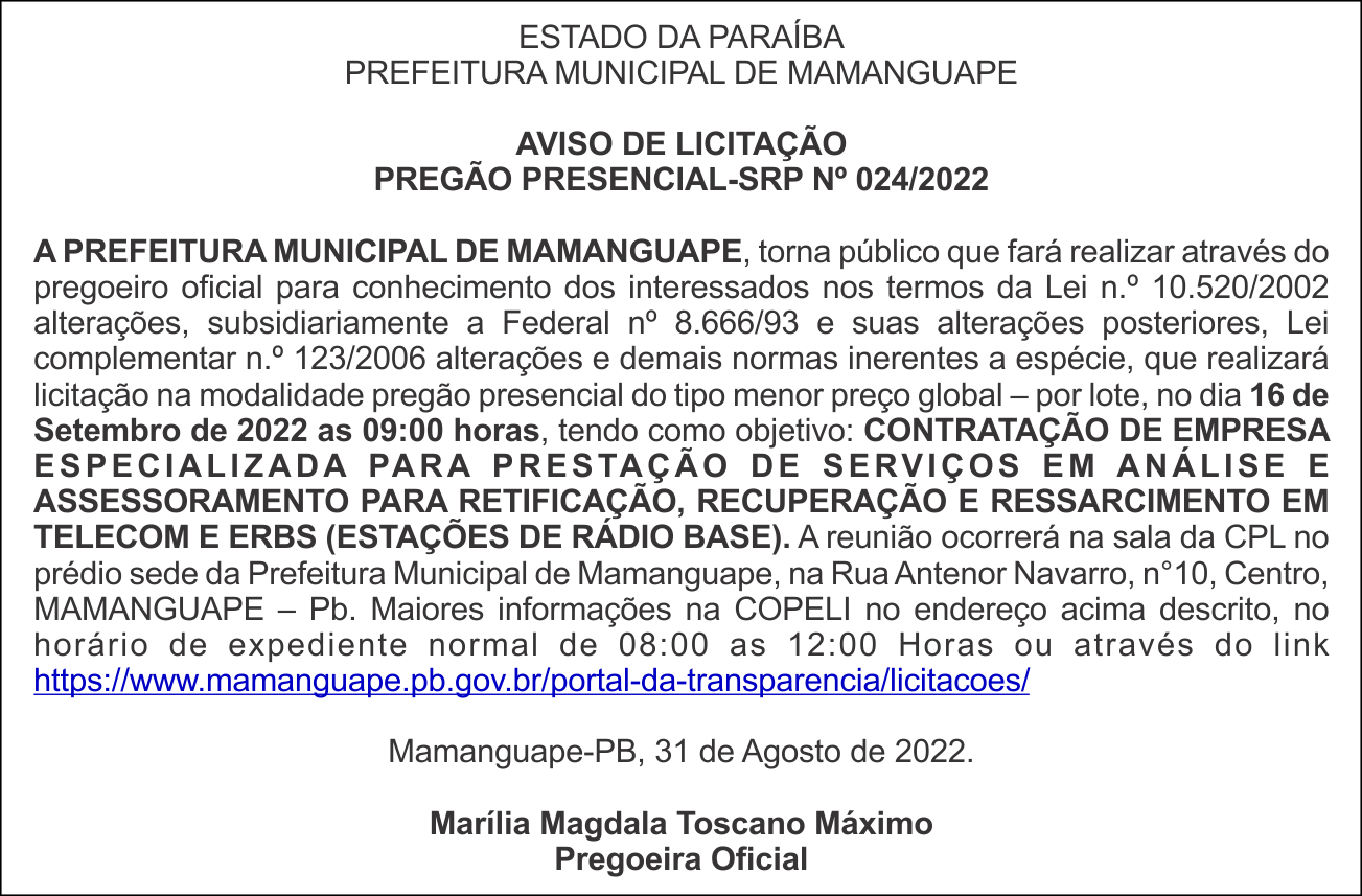 PREFEITURA MUNICIPAL DE MAMANGUAPE – AVISO DE LICITAÇÃO – PREGÃO PRESENCIAL-SRP Nº 024/2022