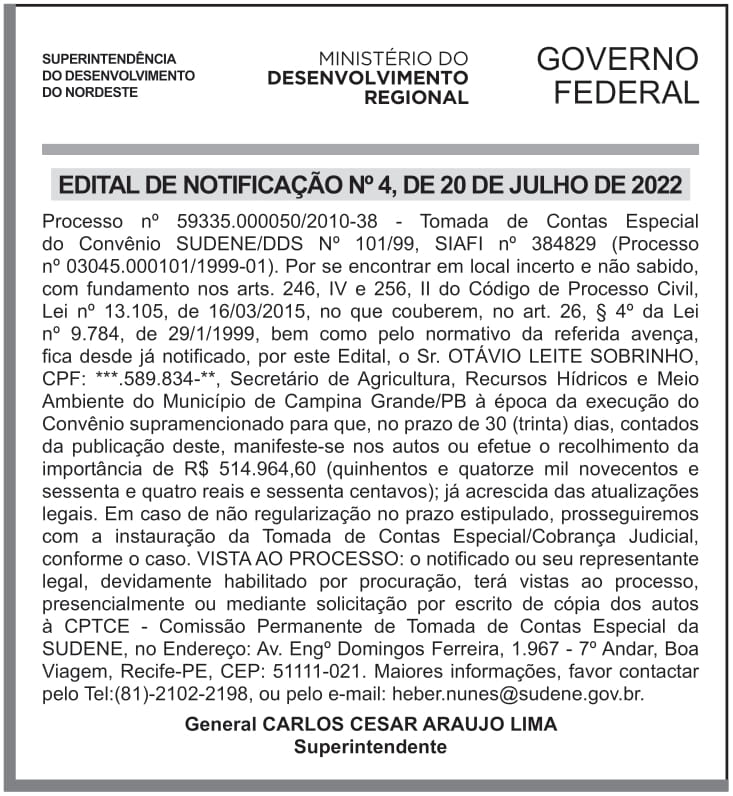 SUDENE – EDITAL DE NOTIFICAÇÃO Nº 04/2022