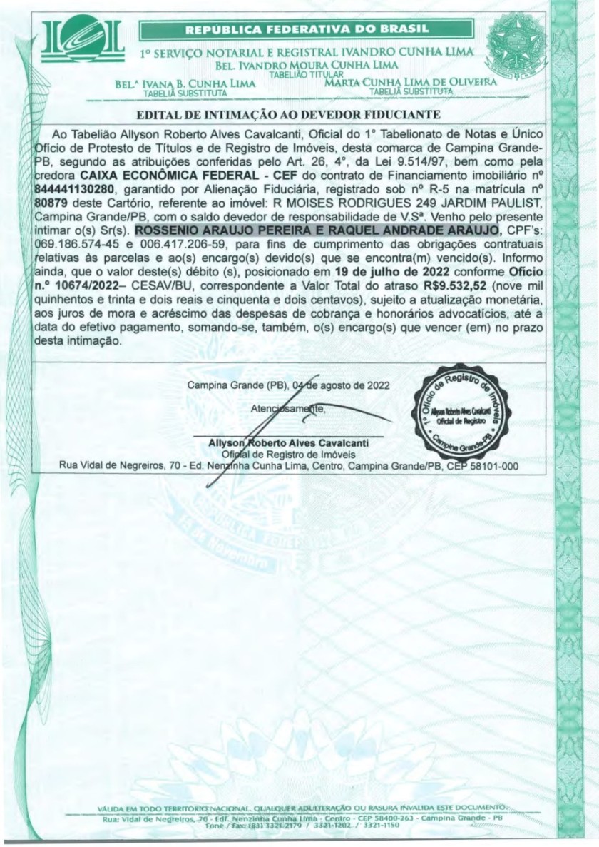 EDITAL DE INTIMAÇÃO AO DEVEDOR FIDUCIANTE