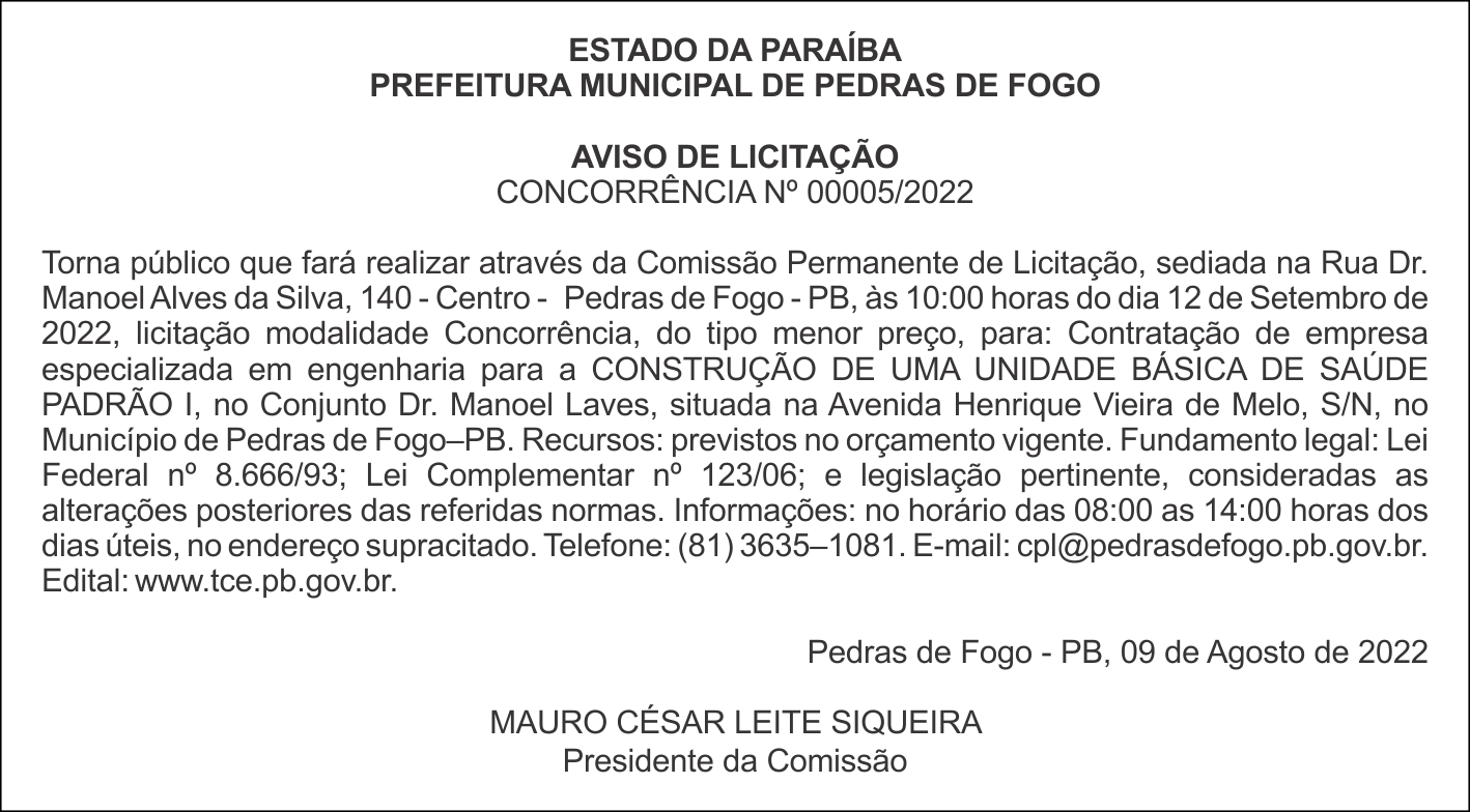 PREFEITURA MUNICIPAL DE PEDRAS DE FOGO – AVISO DE LICITAÇÃO – CONCORRÊNCIA Nº 00005/2022