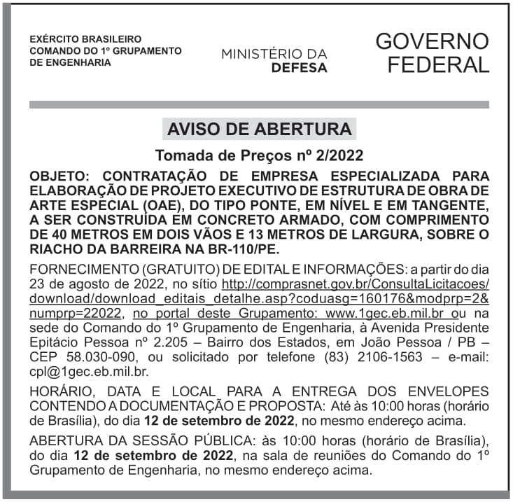 CMDO 1º GPTE – JOÃO PESSOA – PB – Aviso de Abertura TP 2-2022