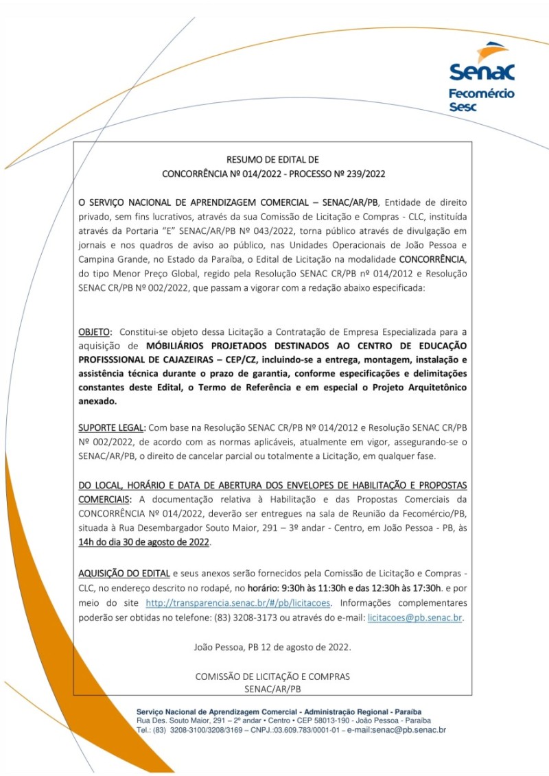 SENAC – RESUMO DE EDITAL DE  CONCORRÊNCIA Nº 014/2022 – PROCESSO Nº 239/2022