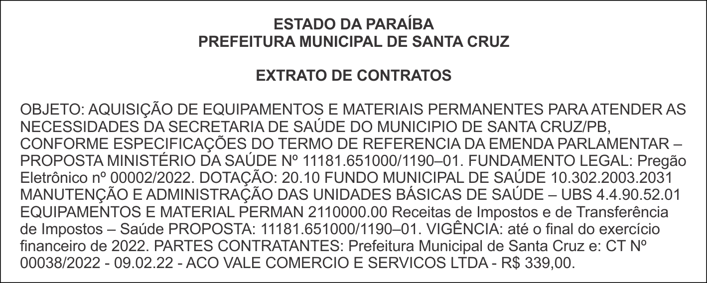 PREFEITURA MUNICIPAL DE SANTA CRUZ   – EXTRATO DE CONTRATOS