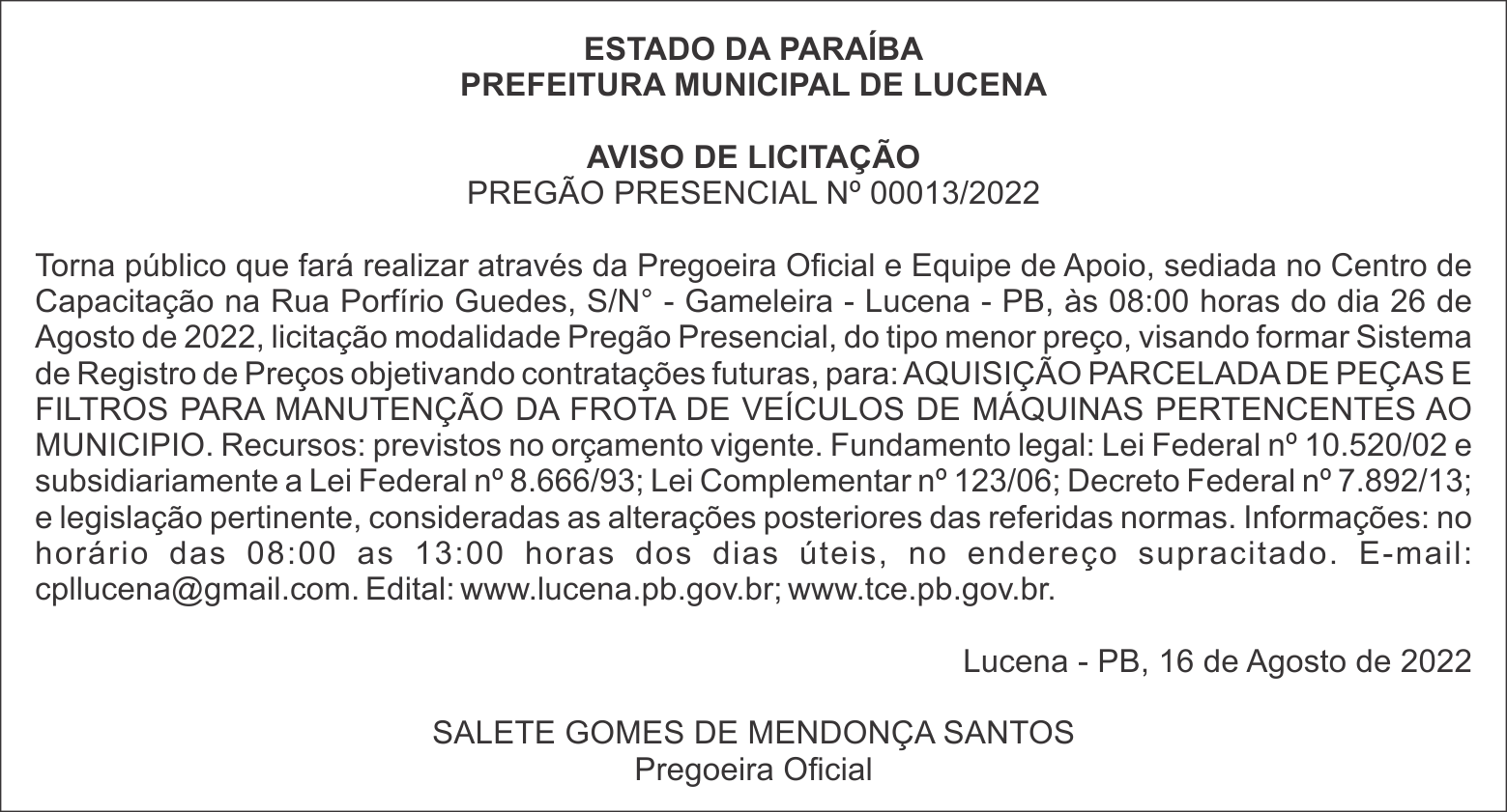PREFEITURA MUNICIPAL DE LUCENA – AVISO DE LICITAÇÃO – PREGÃO PRESENCIAL Nº 00013/2022