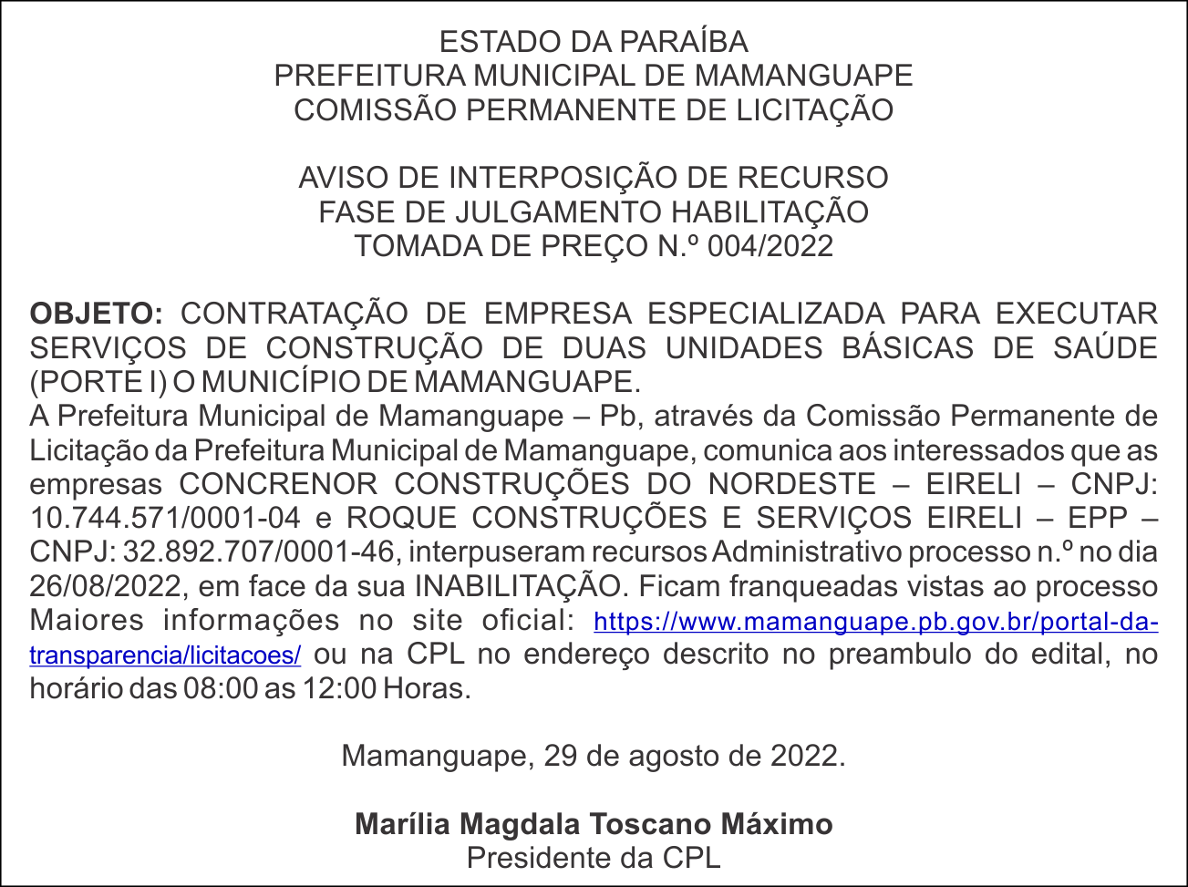 PREFEITURA MUNICIPAL DE MAMANGUAPE – AVISO DE INTERPOSIÇÃO DE RECURSO – HABILITAÇÃO TOMADA DE PREÇO N.º 004/2022